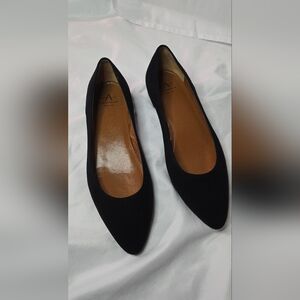 Aquatalia Black Pointed Toe Suede Flats with Tan Insole